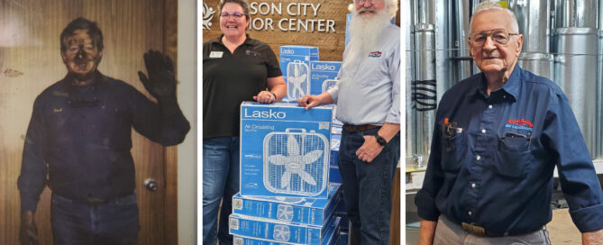 Image 1: Fred Roper, Founder of Ropers, as a young HVAC worker. Image 2: Dirk Roper, current owner, with donated fans at the Carson City Community Center. Image 3: Fred Roper at 70, pictured in his workshop.