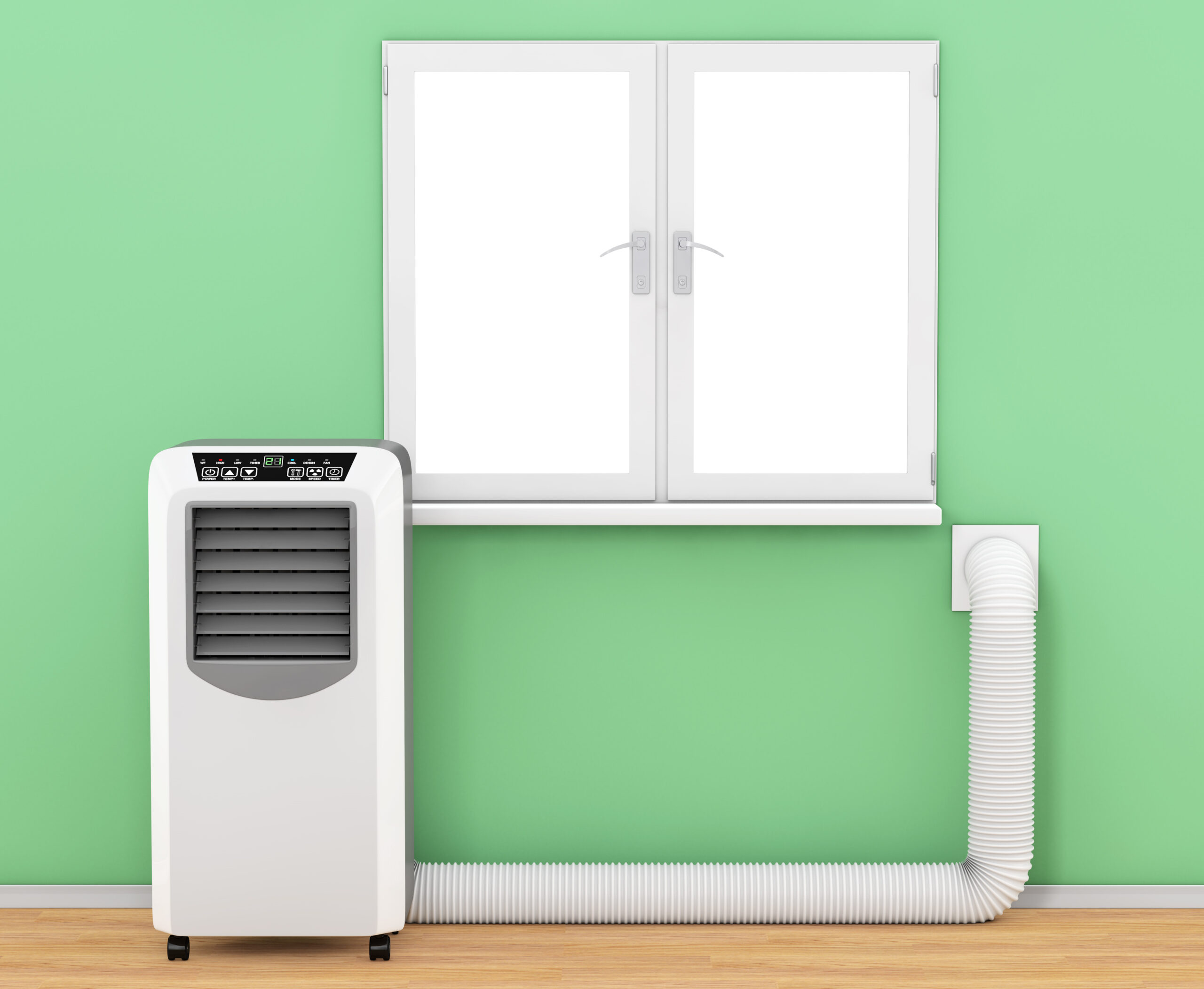 Portable air conditioning, venting through the wall.