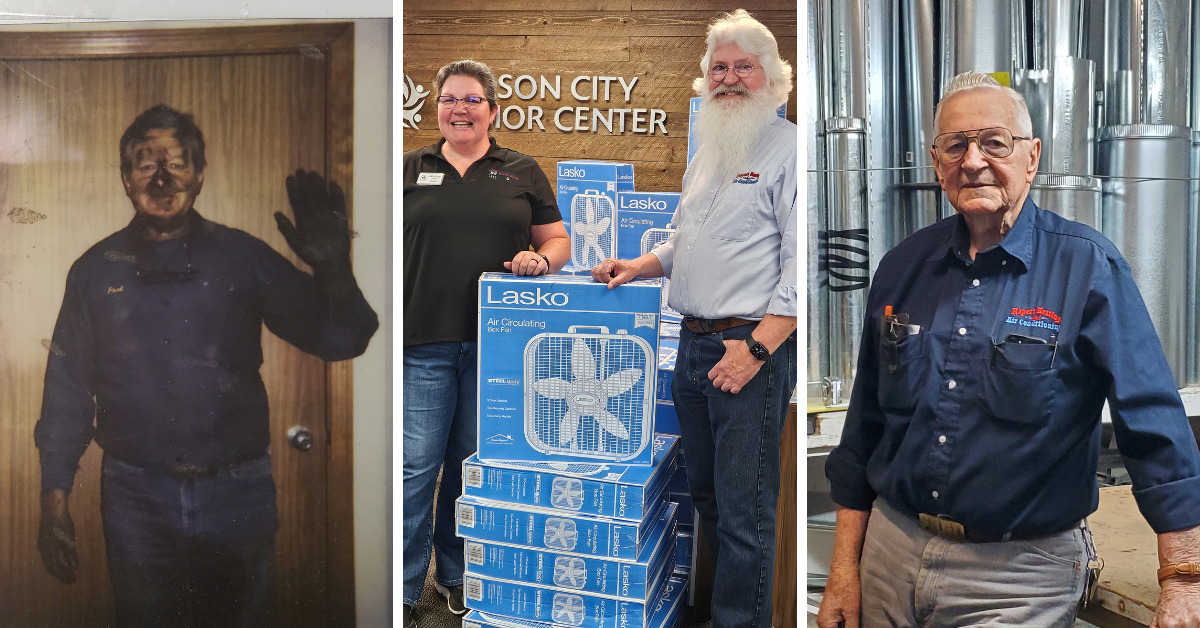 Image 1: Fred Roper, Founder of Ropers, as a young HVAC worker. Image 2: Dirk Roper, current owner, with donated fans at the Carson City Community Center. Image 3: Fred Roper at 70, pictured in his workshop.